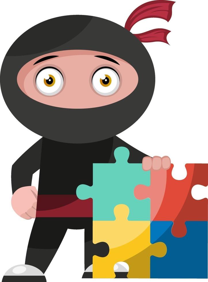 Ninja con rompecabezas, ilustración, vector sobre fondo blanco.