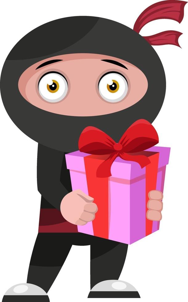 Ninja con regalo de cumpleaños, ilustración, vector sobre fondo blanco.