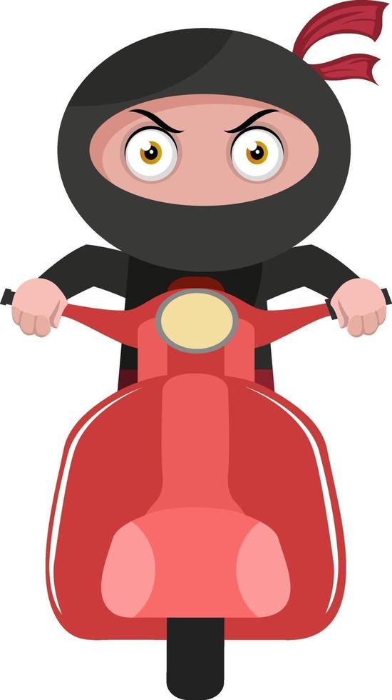 Ninja on red scooter, illustration, vector on white background.