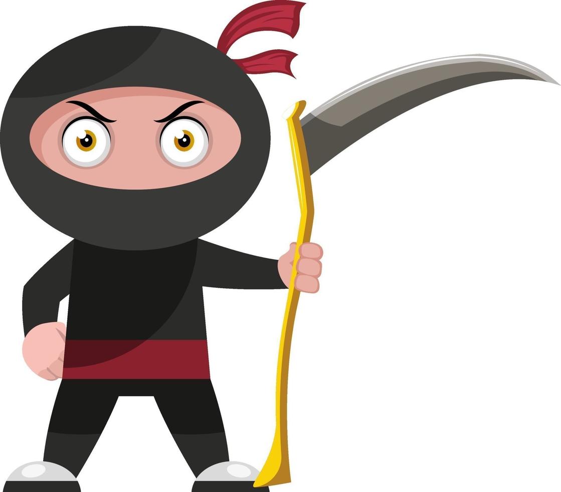 Ninja con hoz, ilustración, vector sobre fondo blanco.