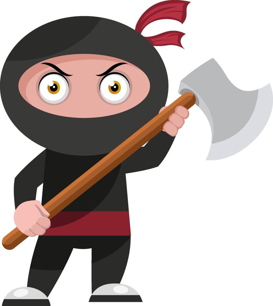 Ninja con gran hacha, ilustración, vector sobre fondo blanco.