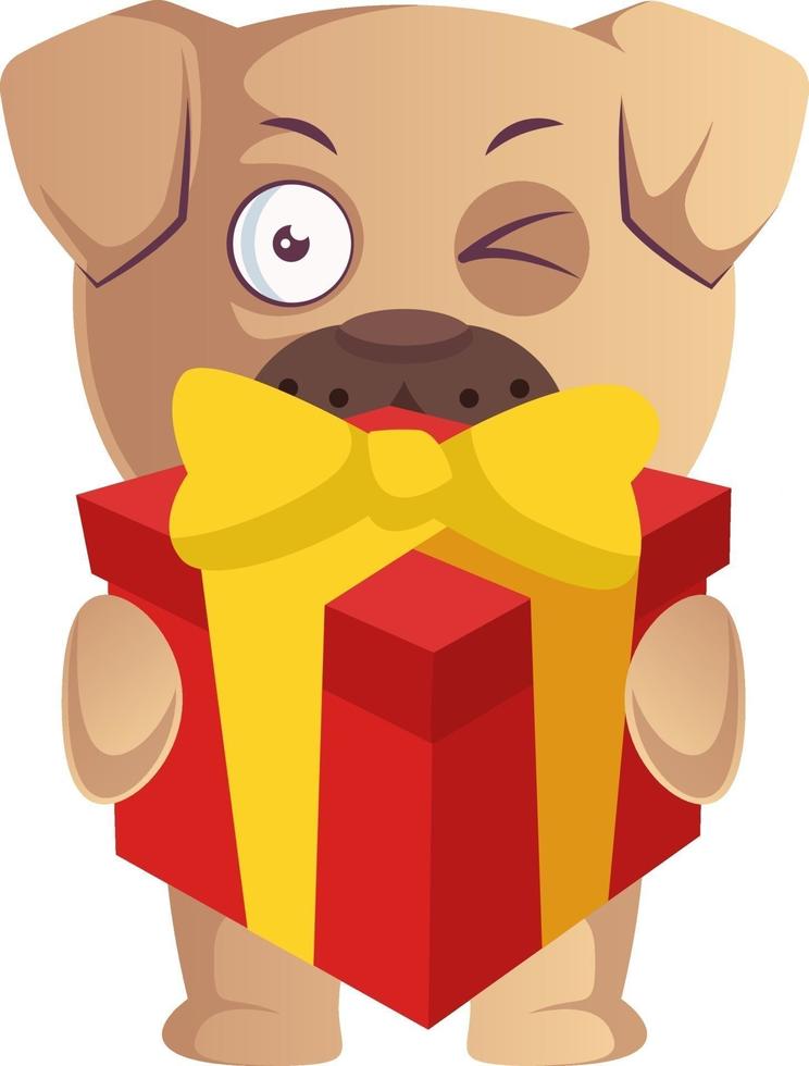 Pug con regalo de cumpleaños, ilustración, vector sobre fondo blanco.