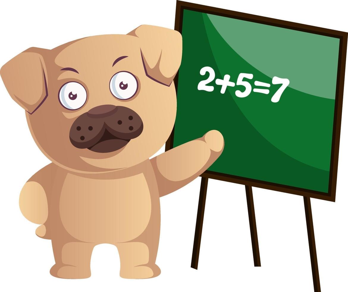 Pug haciendo matemáticas, ilustración, vector sobre fondo blanco.