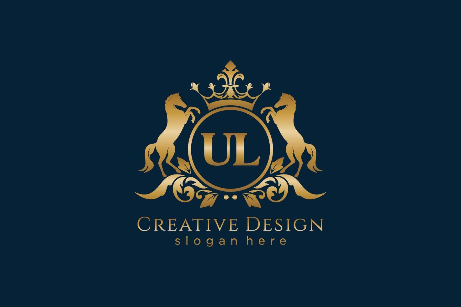 initial UL Retro golden crest with circle and two horses, badge template with scrolls and royal crown - perfect for luxurious branding projects vector