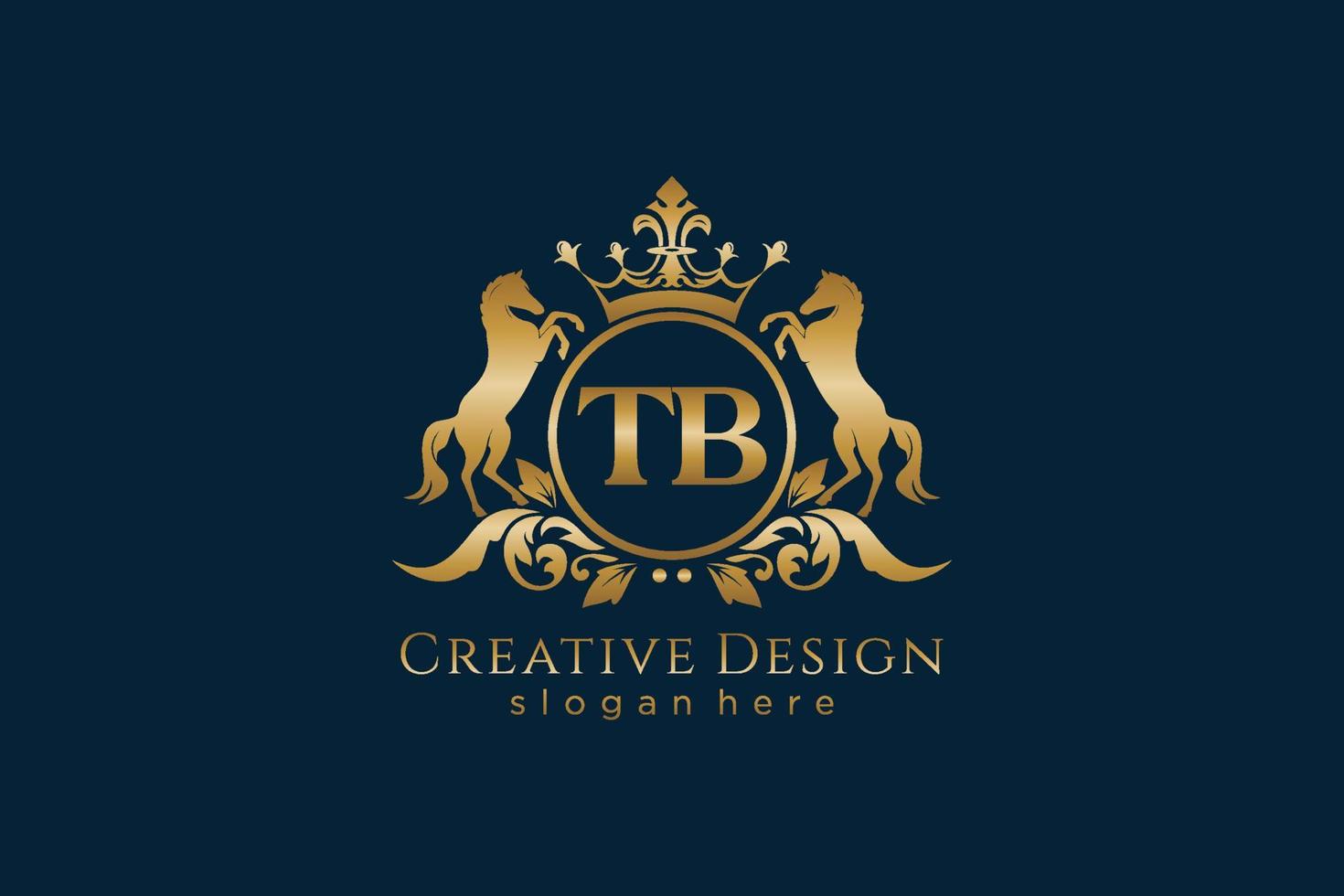 initial TB Retro golden crest with circle and two horses, badge template with scrolls and royal crown - perfect for luxurious branding projects vector