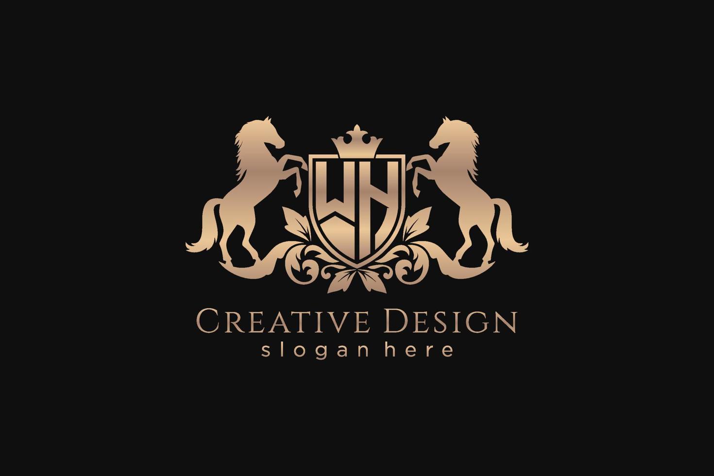 initial WH Retro golden crest with shield and two horses, badge template with scrolls and royal crown - perfect for luxurious branding projects vector