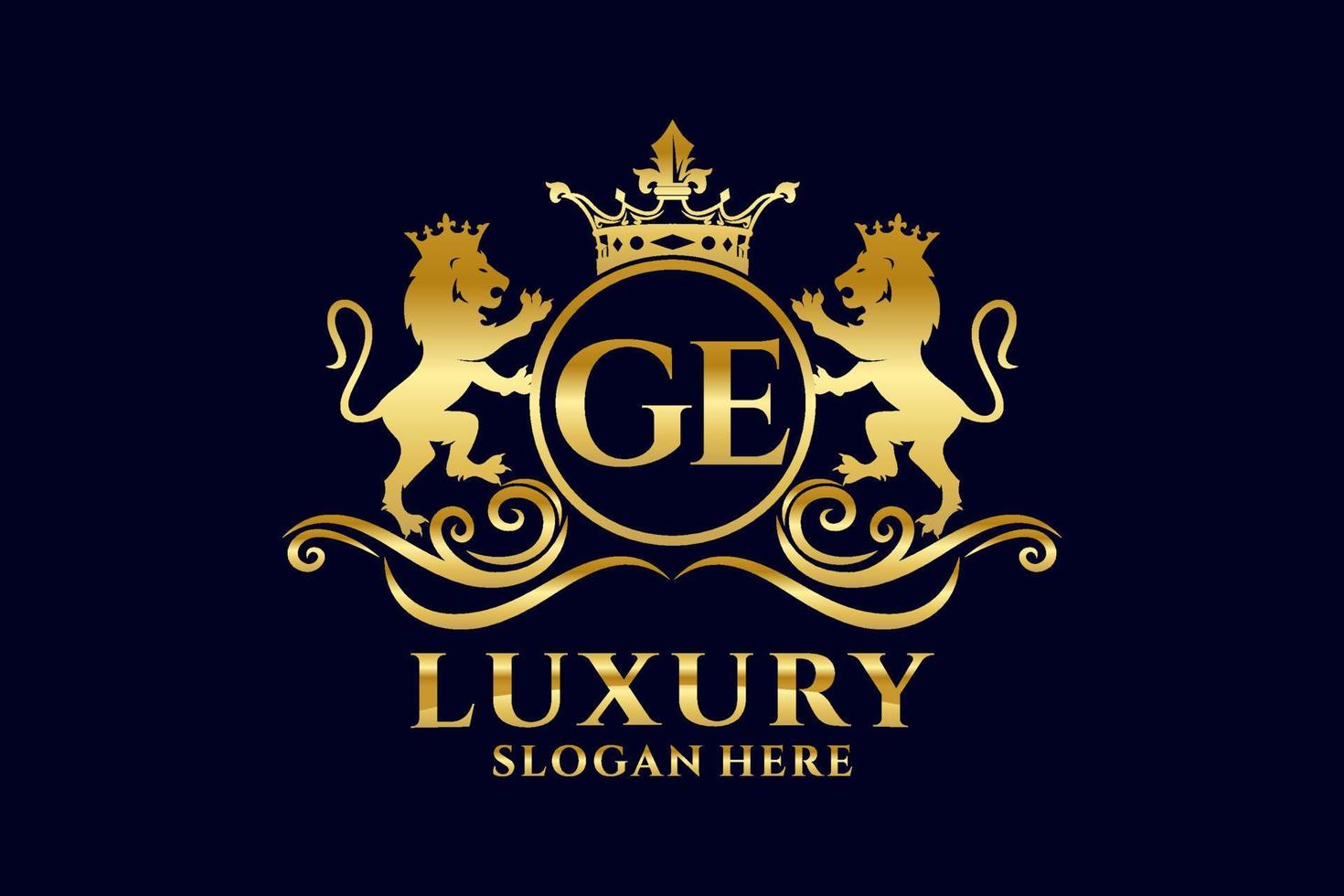 Initial GE Letter Lion Royal Luxury Logo template in vector art for luxurious branding projects and other vector illustration.
