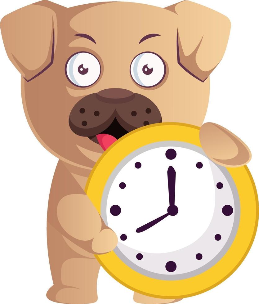 Pug con reloj amarillo, ilustración, vector sobre fondo blanco.