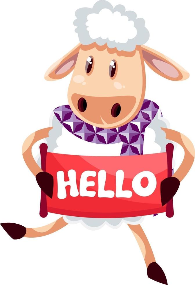 Sheep with hello sign, illustration, vector on white background.