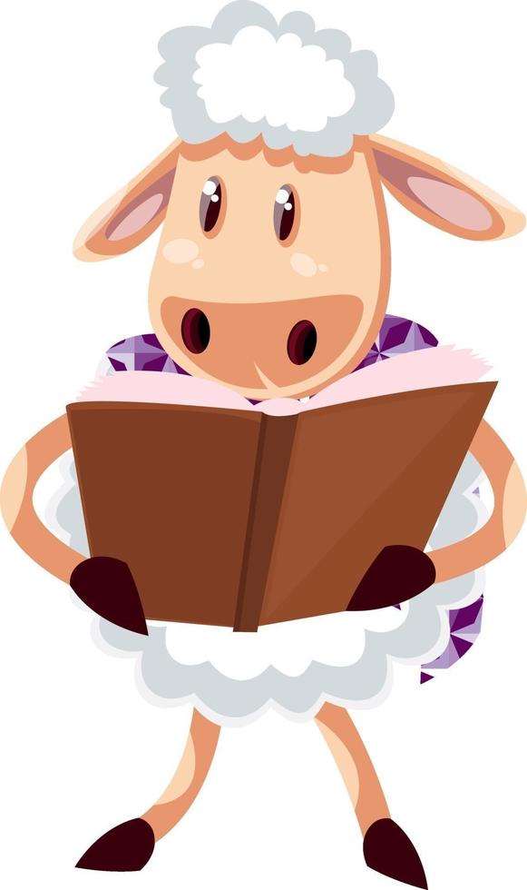 Sheep reading book, illustration, vector on white background.