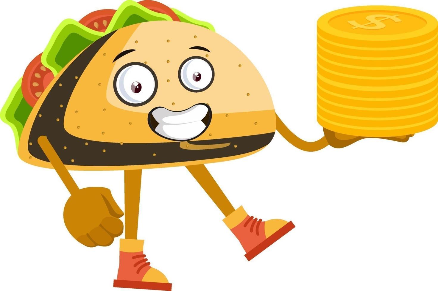 Taco with coins, illustration, vector on white background.