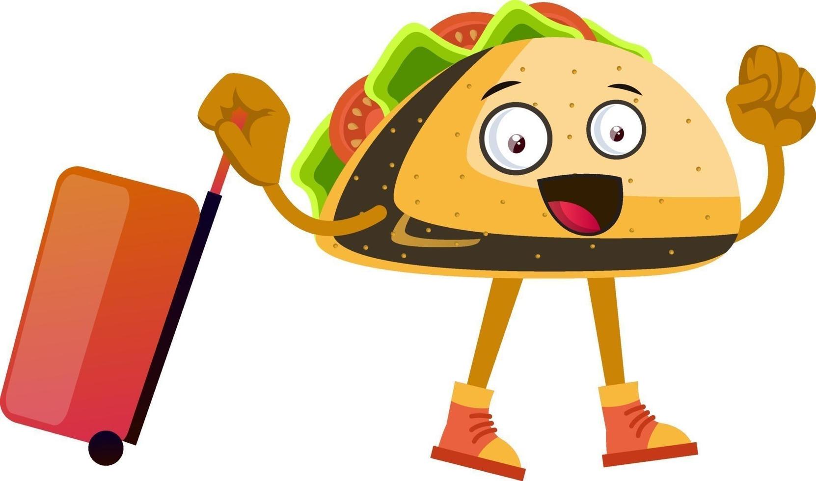 Taco con maleta, ilustración, vector sobre fondo blanco.