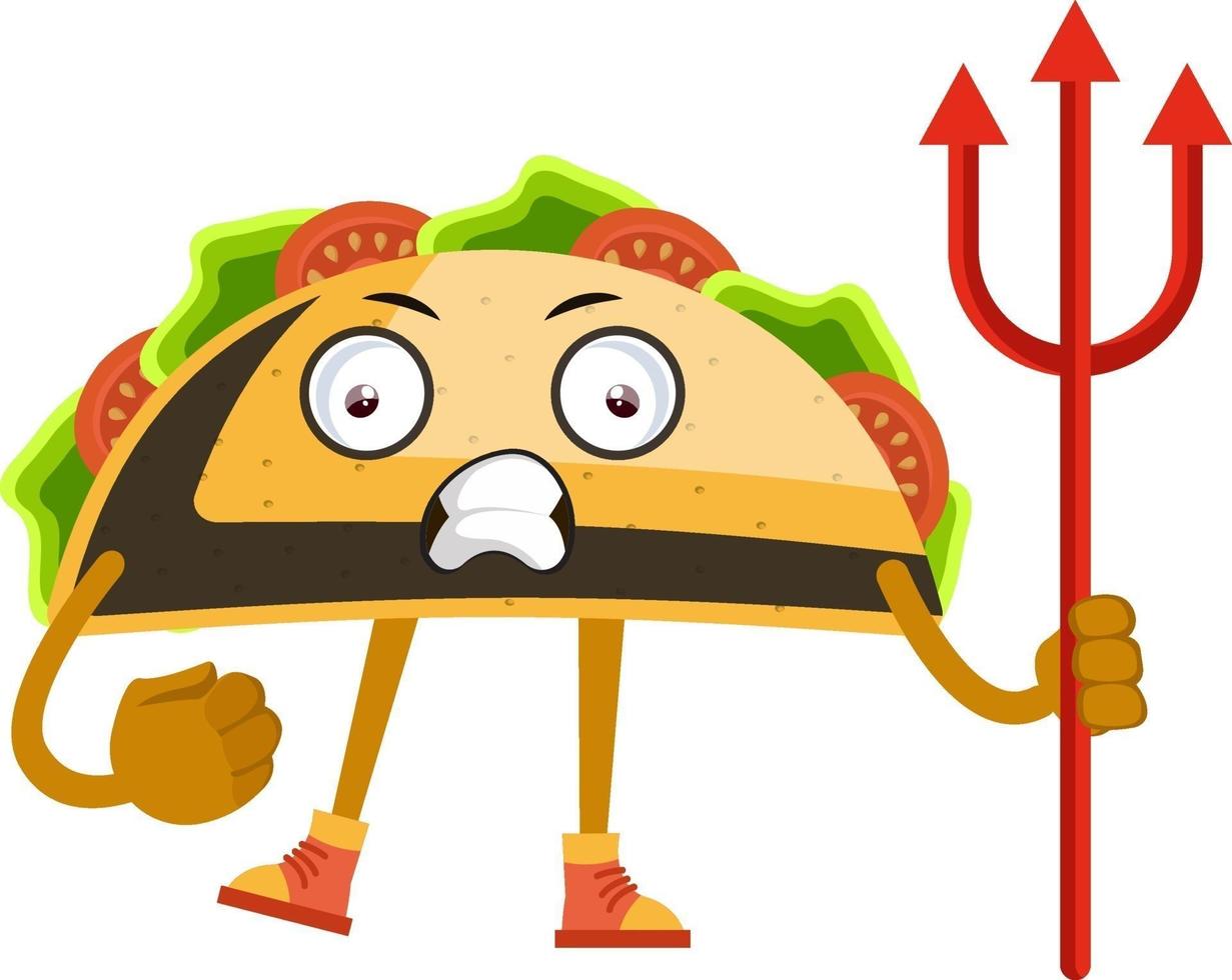 Taco with devil spear, illustration, vector on white background.