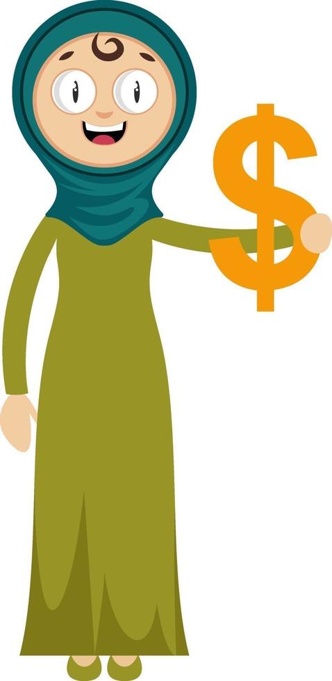 mujer con signo de dólar, ilustración, vector sobre fondo blanco.