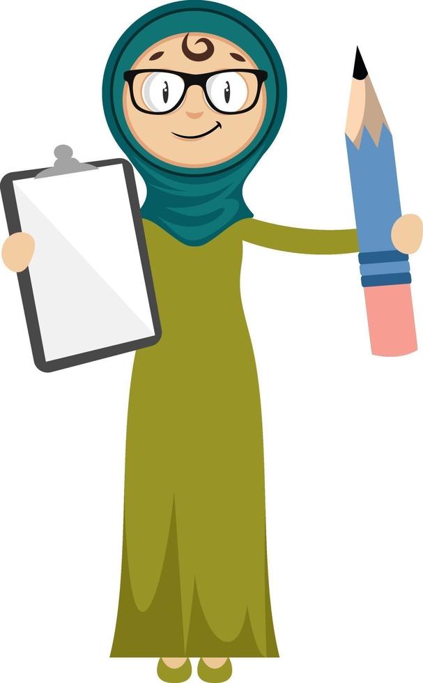 Woman with notepad and pen, illustration, vector on white background.