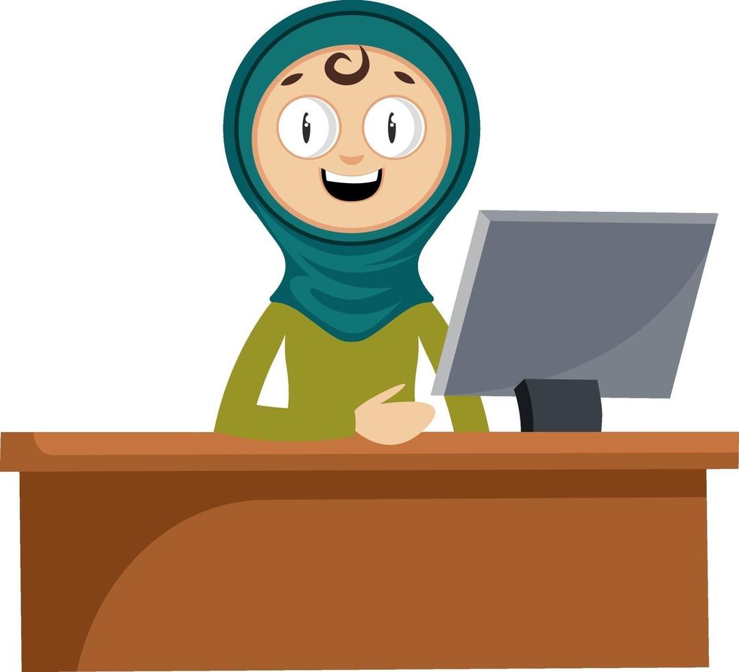 Woman sitting by desk, illustration, vector on white background.