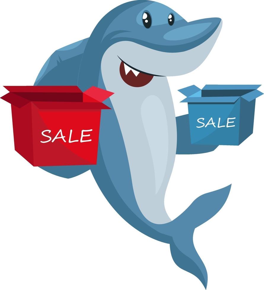 Tiburón con cajas de venta, ilustración, vector sobre fondo blanco.