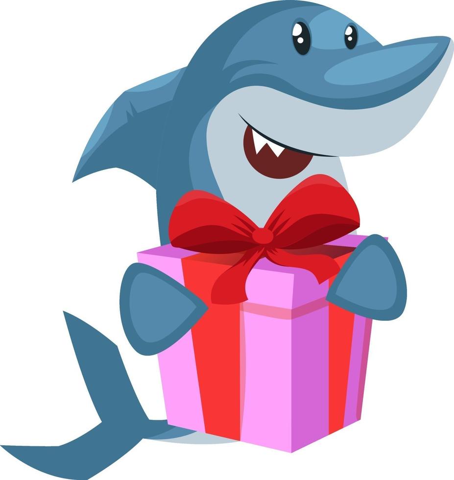 Tiburón con regalo de cumpleaños, ilustración, vector sobre fondo blanco.