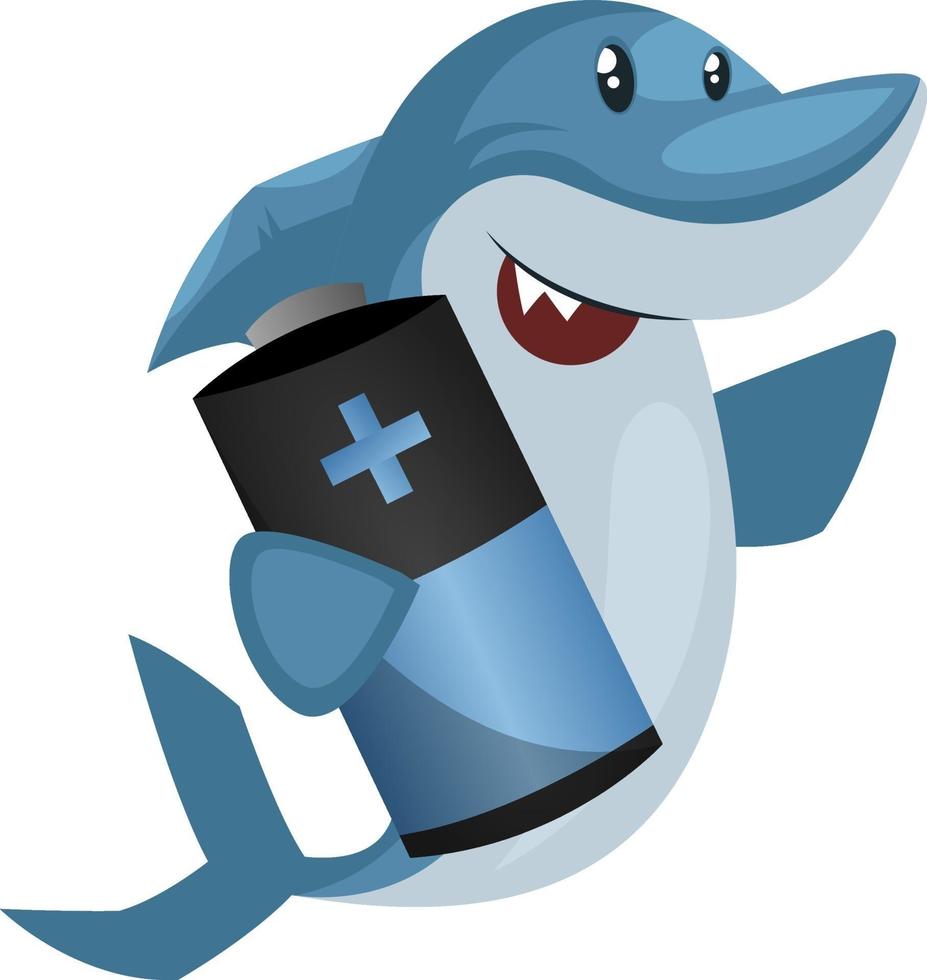Shark with battery, illustration, vector on white background.