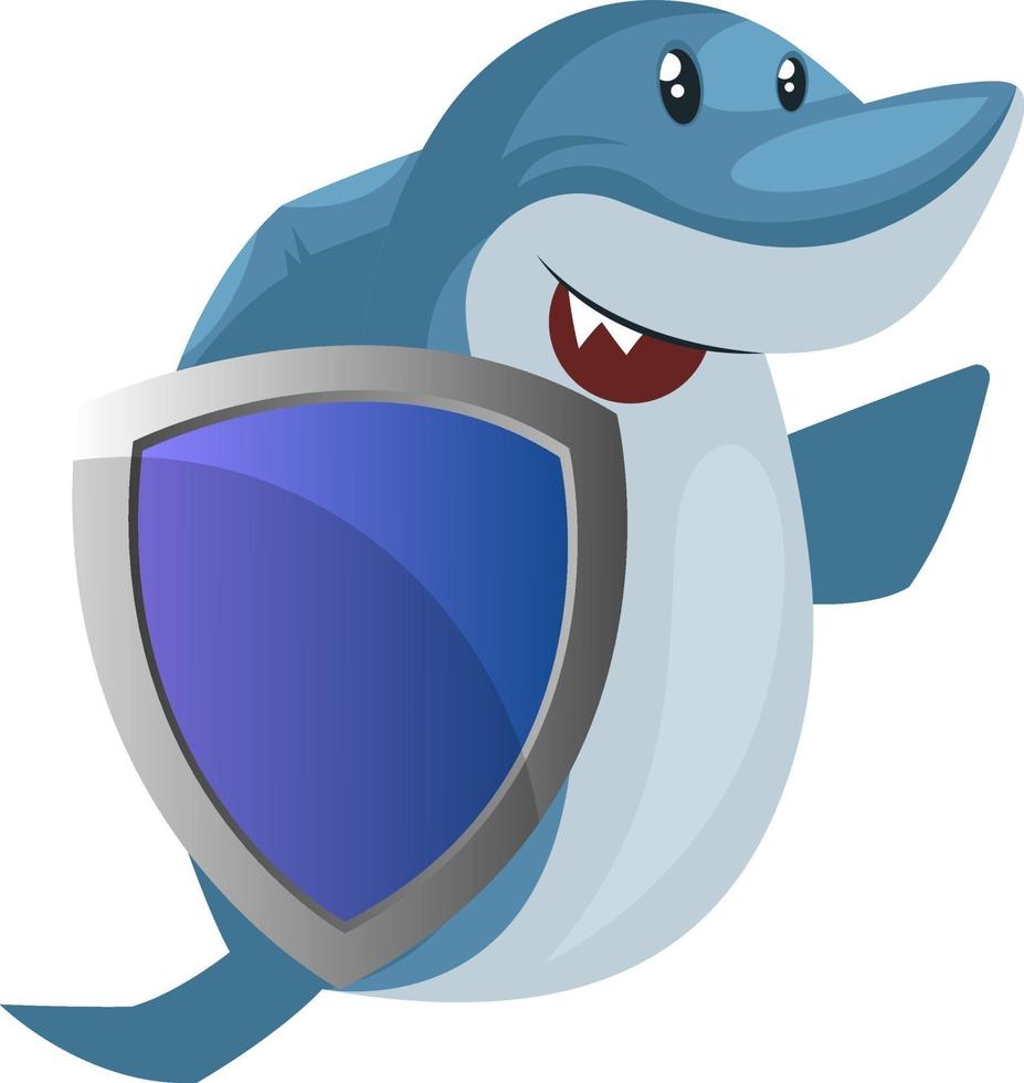 tiburón con escudo azul, ilustración, vector sobre fondo blanco.