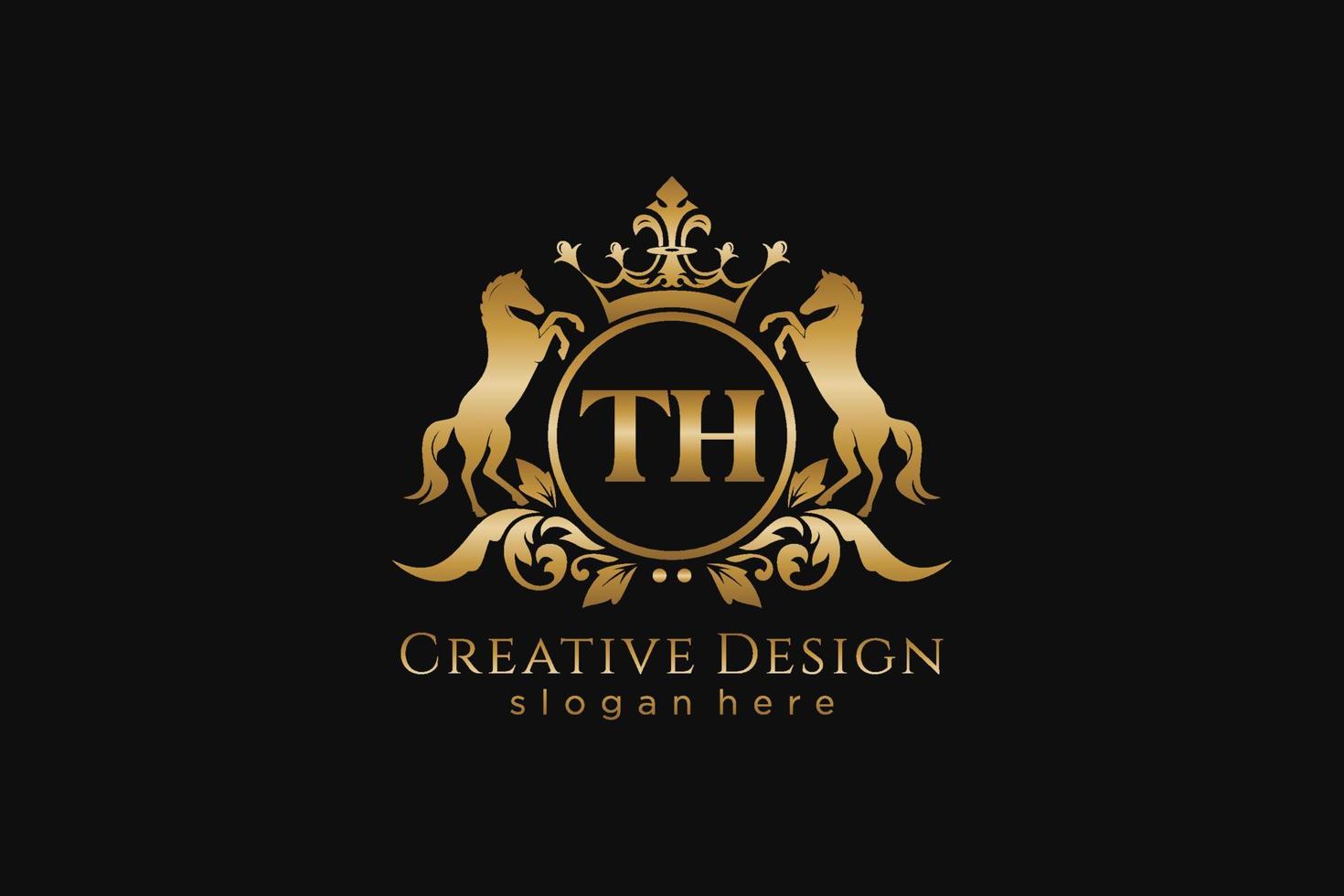 initial TH Retro golden crest with circle and two horses, badge template with scrolls and royal crown - perfect for luxurious branding projects vector