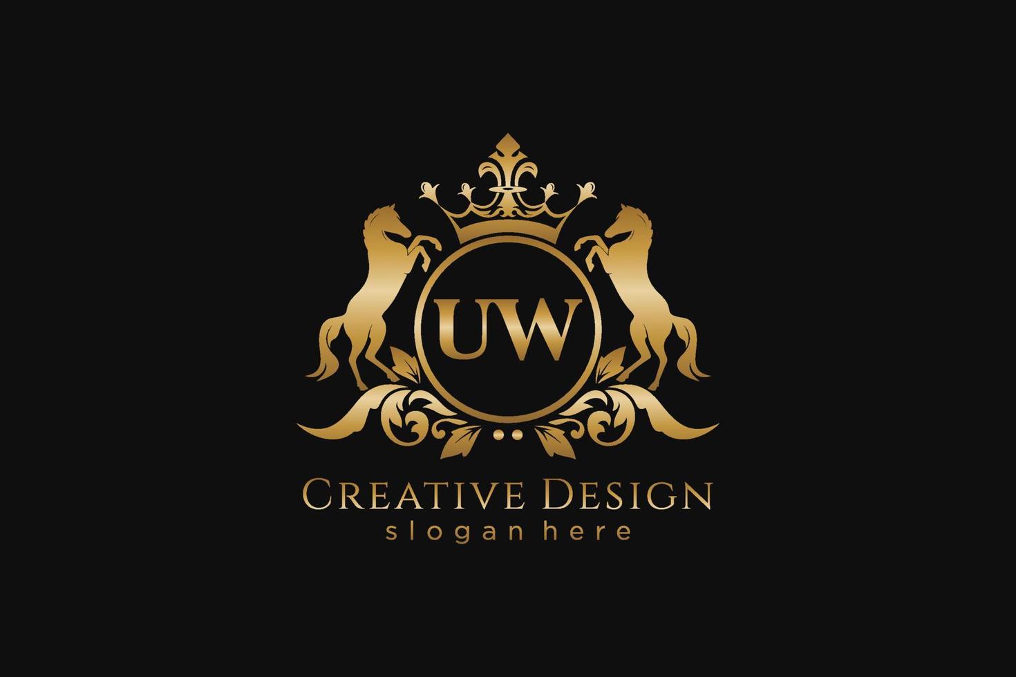 initial UW Retro golden crest with circle and two horses, badge template with scrolls and royal crown - perfect for luxurious branding projects vector