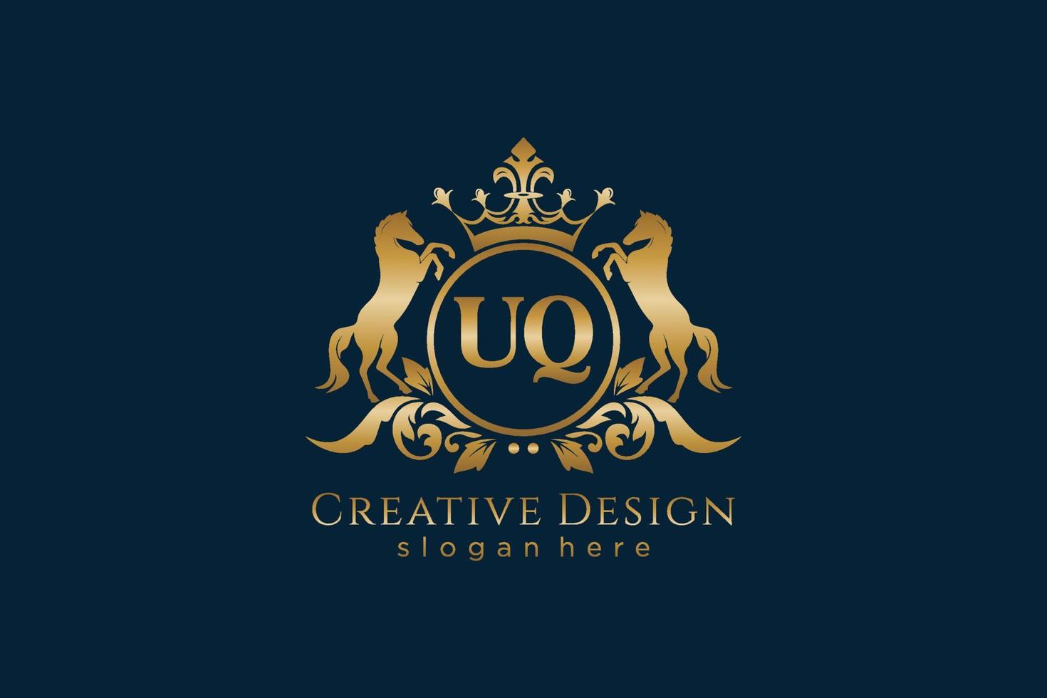 initial UQ Retro golden crest with circle and two horses, badge template with scrolls and royal crown - perfect for luxurious branding projects vector