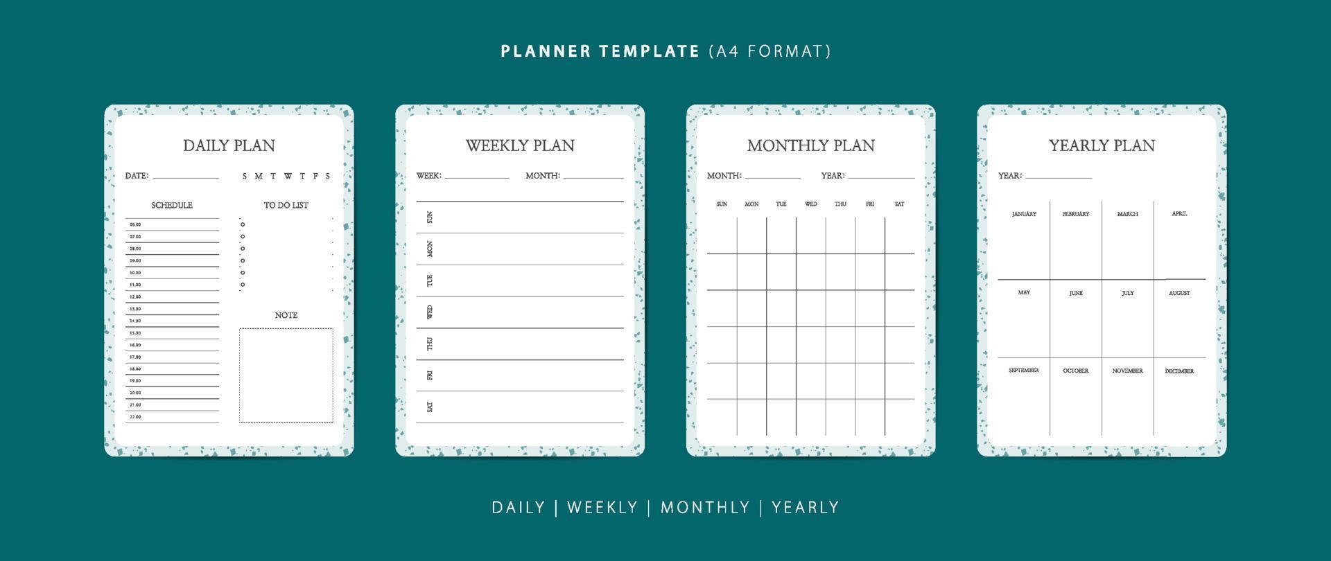 conjunto de plantillas minimalistas de planificador diario, semanal, mensual y anual con patrón de terrazo vector