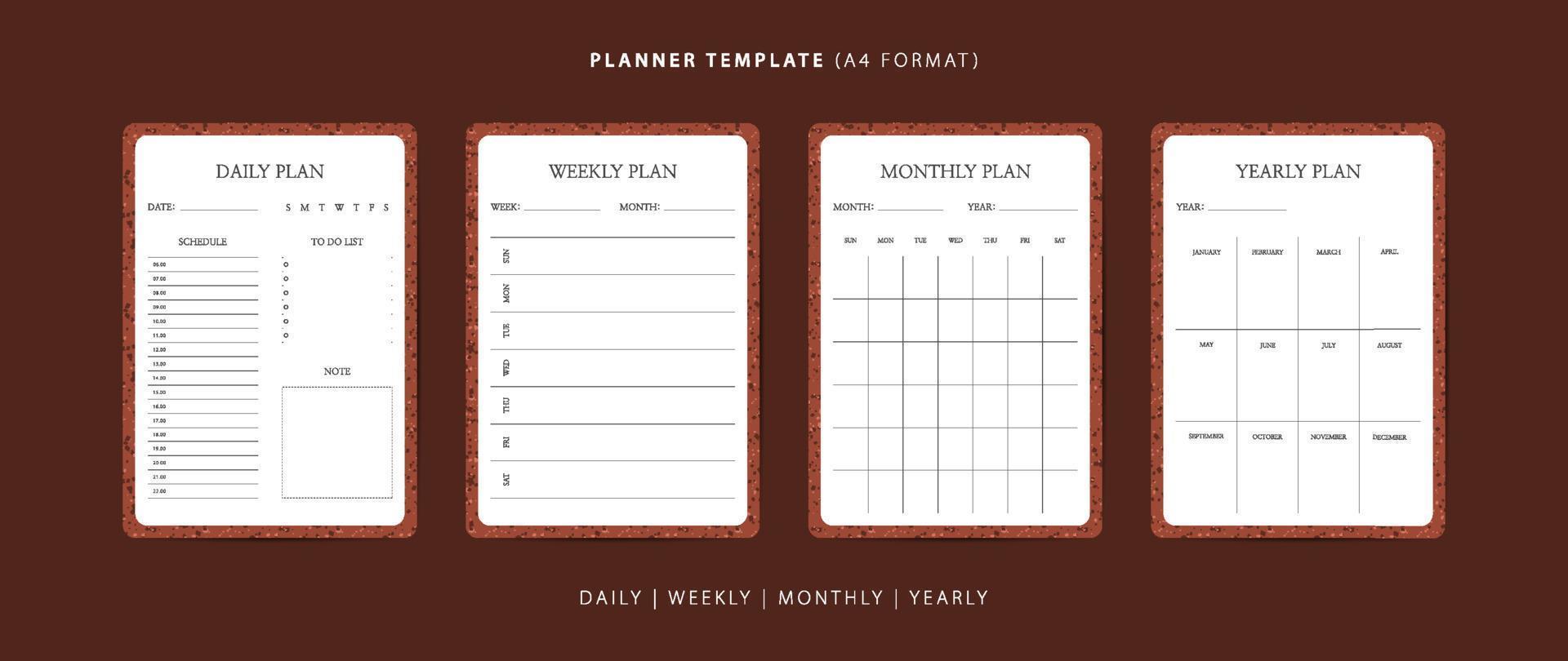 conjunto de plantillas minimalistas de planificador diario, semanal, mensual y anual con patrón de terrazo vector