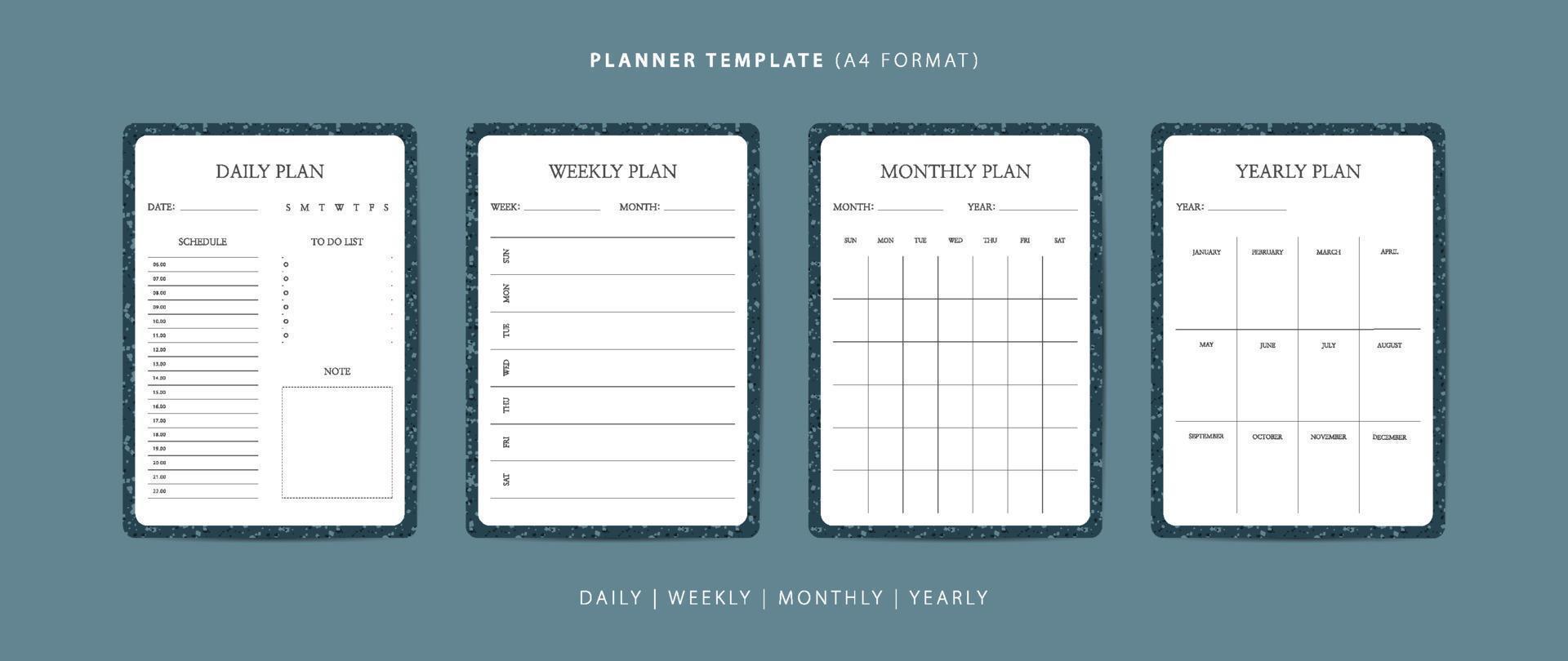 conjunto de plantillas minimalistas de planificador diario, semanal, mensual y anual con patrón de terrazo vector