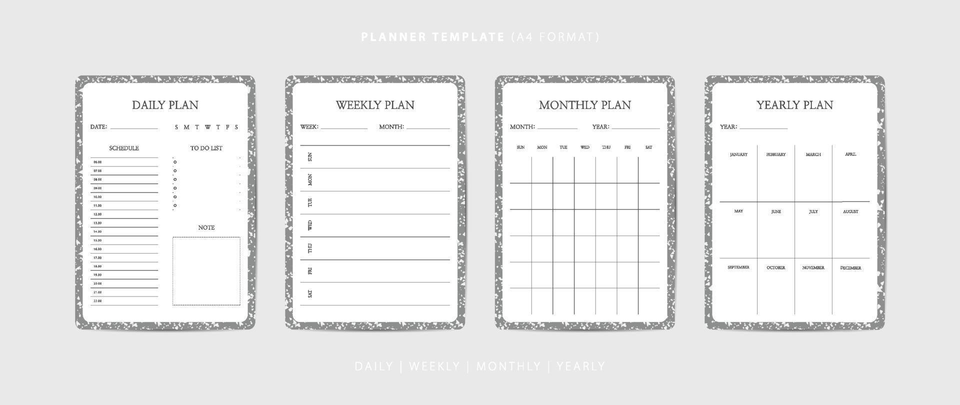 Set of daily, weekly, monthly, and yearly planner minimalist template with terrazzo pattern vector