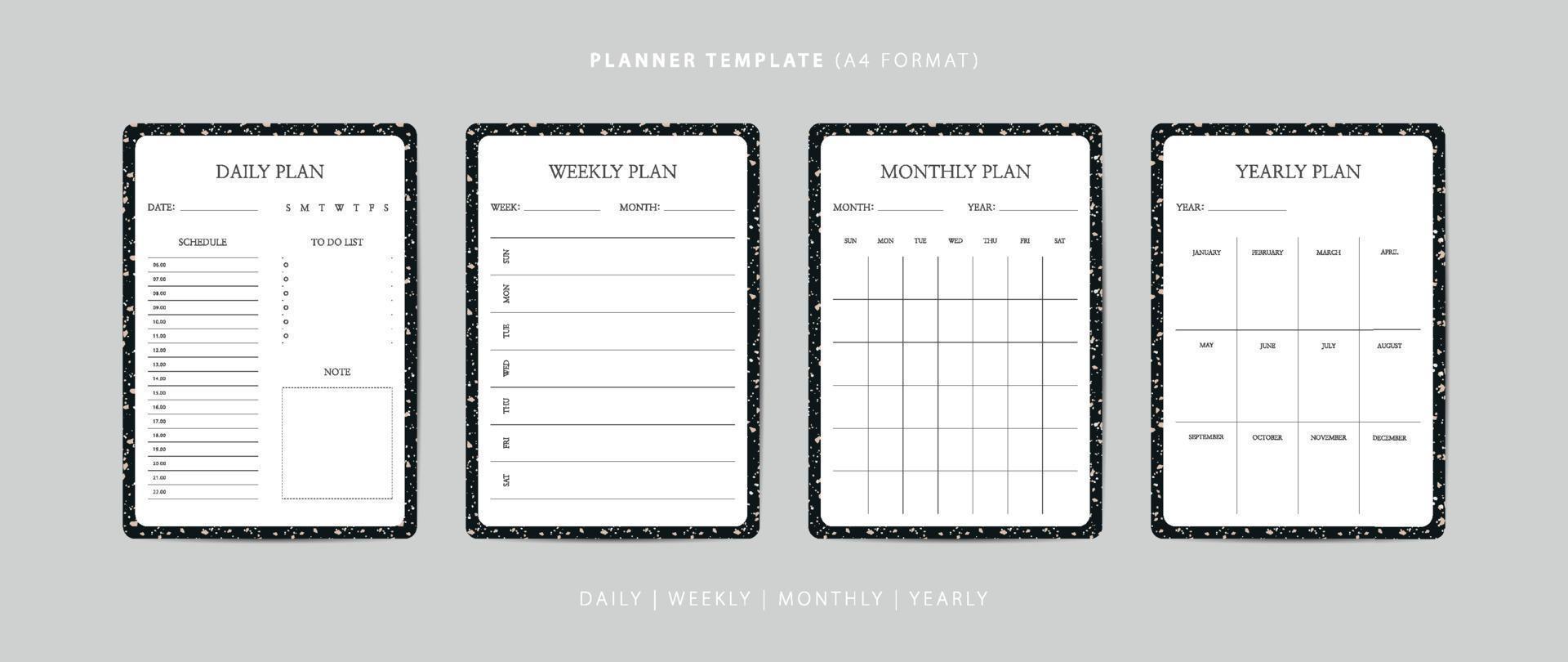conjunto de plantillas minimalistas de planificador diario, semanal, mensual y anual con patrón de terrazo vector