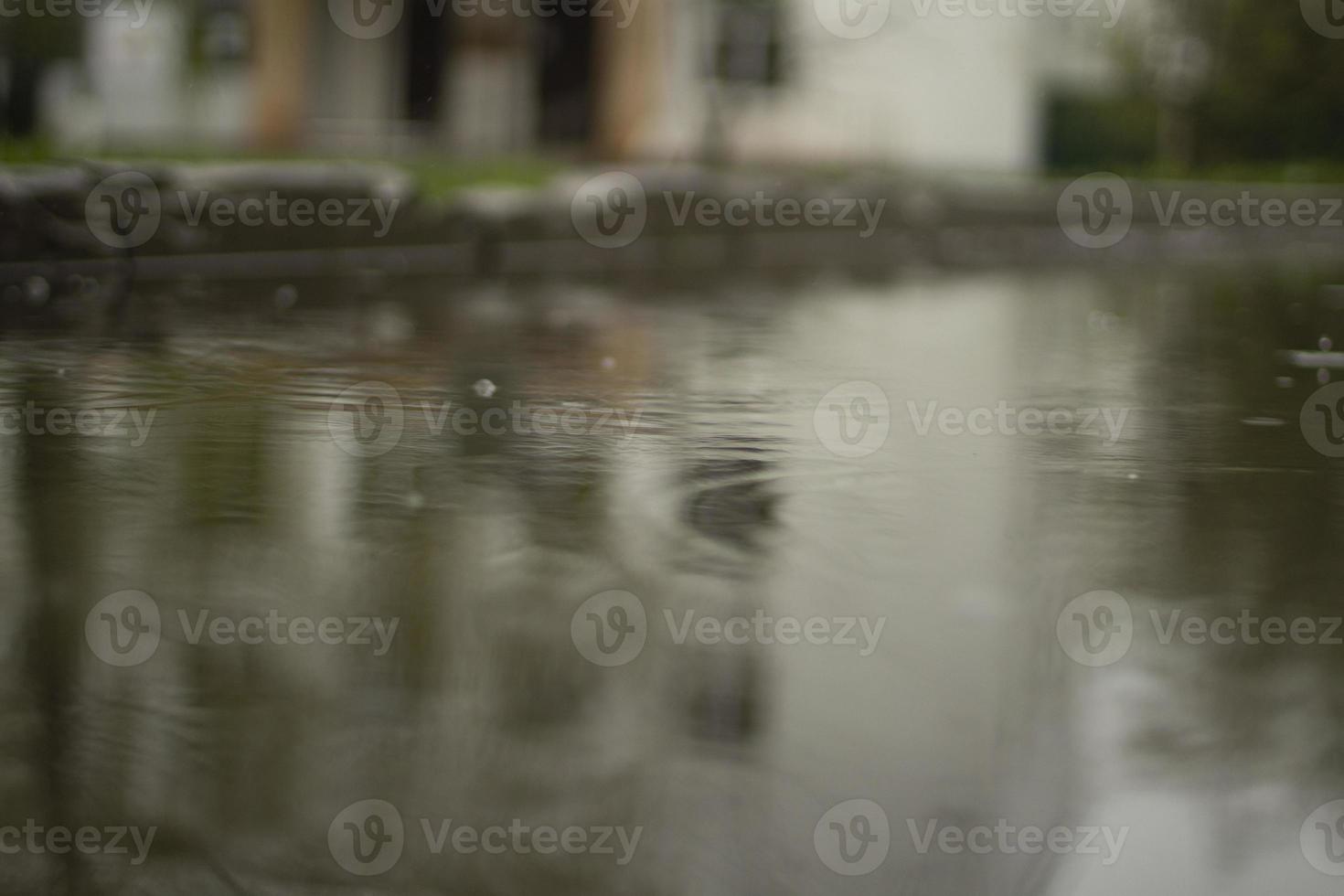 Rain outside. Large puddle in yard. Wet weather. Surface of puddle. photo