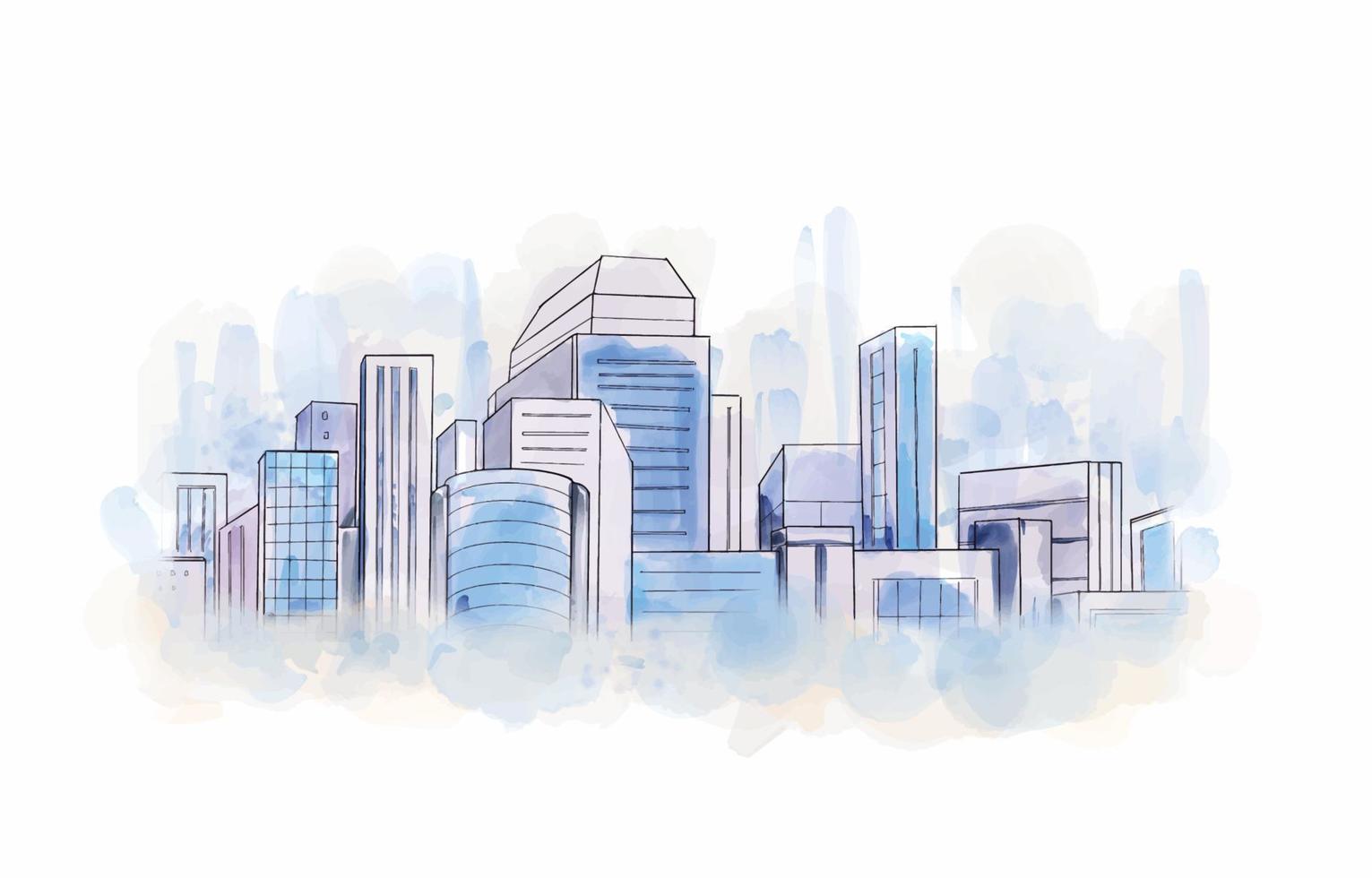 Watercolor of Cityscape with Landscape View vector