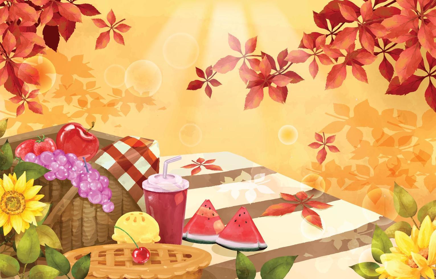 Autumn Picnic with Basket of Fruit and Food in Watercolor vector