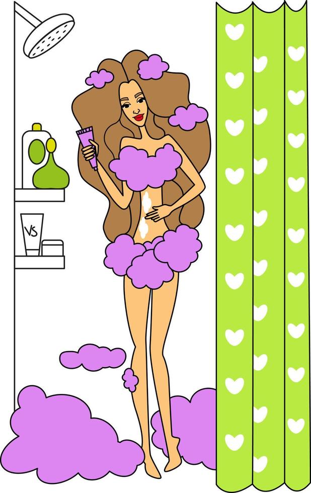 Woman takes a shower. Relaxing girl in bathroom. Flat style vector illustration.