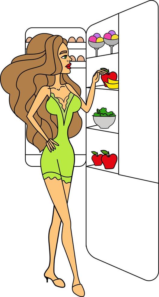 Woman character standing near refrigerator. Vector flat cartoon illustration