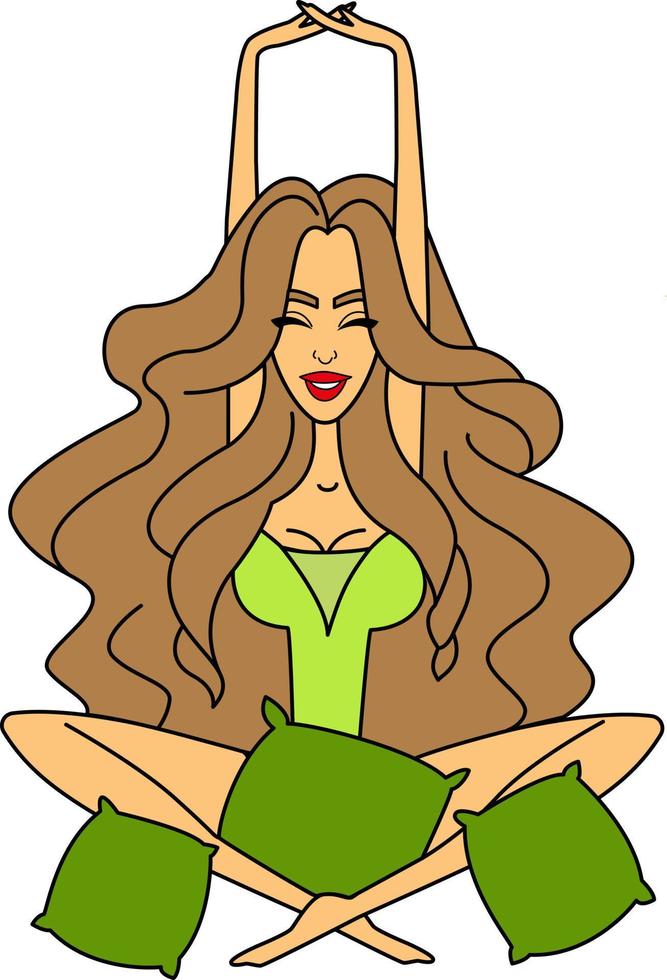 Happy girl woke up in the morning. Spring holiday. Vector illustration. Cartoon style.