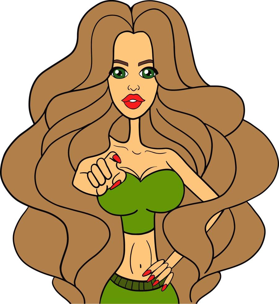 the girl is pointing at you. Vector illustration in cartoon style.