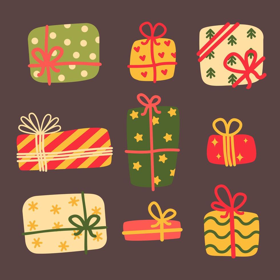 Collection of various gifts on a dark background. Cartoon. Vector illustration.