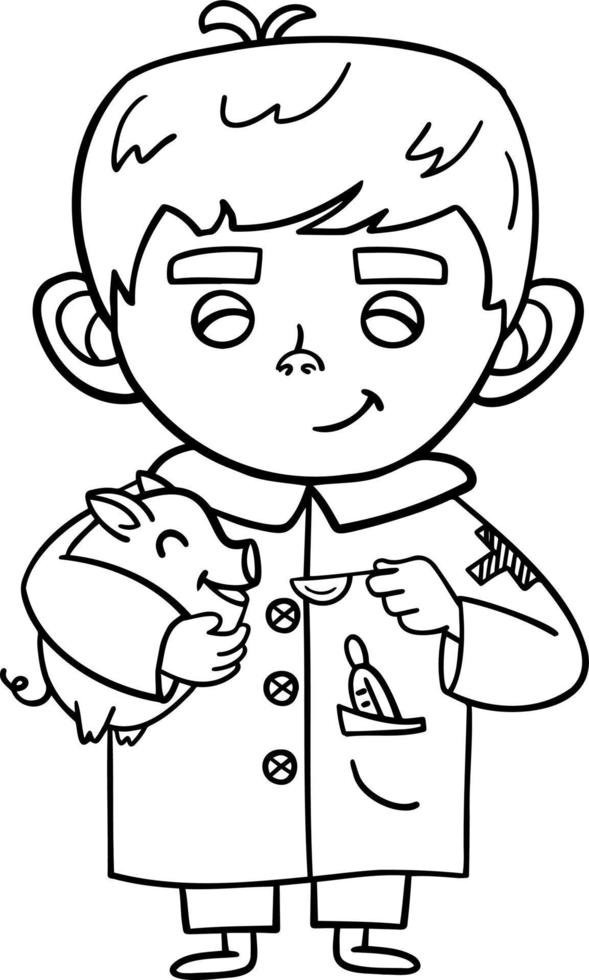 Coloring book wih cute cartoon a doctor. Boy in a doctor's suit. Activity page with kids art game. Worksheet with drawing. Vector illustration.