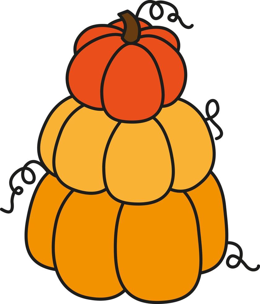 tres calabazas colocadas una encima de la otra, una enredadera de calabaza con hojas enrolladas. imagen en color de calabazas. caricatura, fabulosa ilustración de calabazas. en halloween, fiesta de la cosecha, menú e imagen. vector