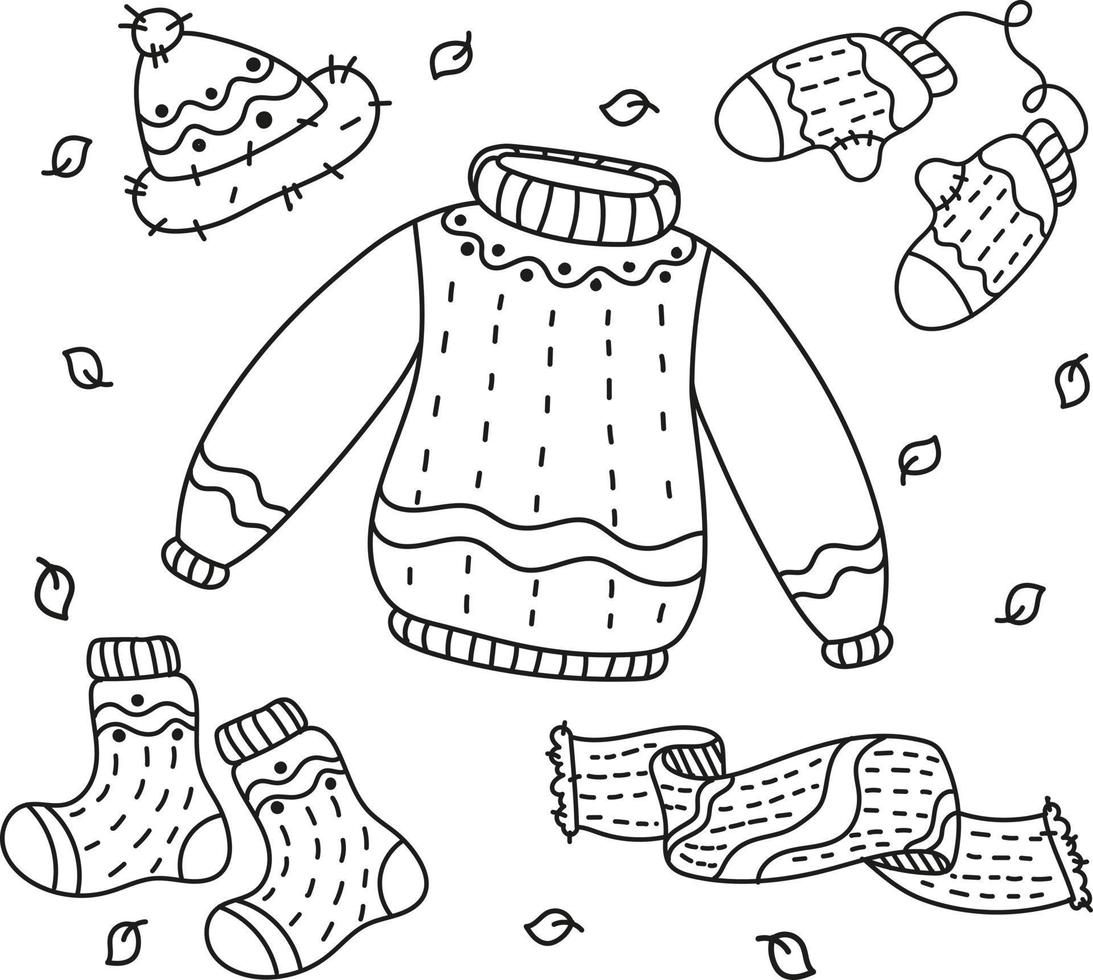 A set of cozy knitted warm clothes. Autumn pastime, coloring page. Vector illustration hand-drawn outline on a white background.