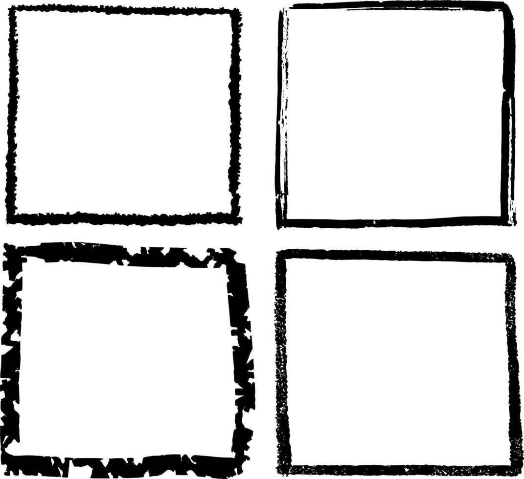 cuadrados vectoriales dibujados a mano, marcos de dibujo en blanco aislados en fondo blanco, líneas negras, formas rectangulares y cuadradas. grunge, tiza vector