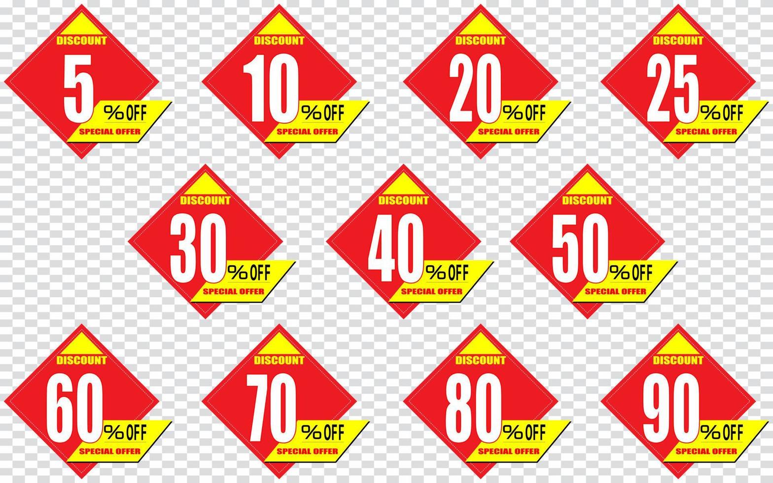 5, 10, 20, 25, 30, 40, 50, 60, 70, 80, 90 percentage off, Discount stickers set for shop, retail, promotion vector