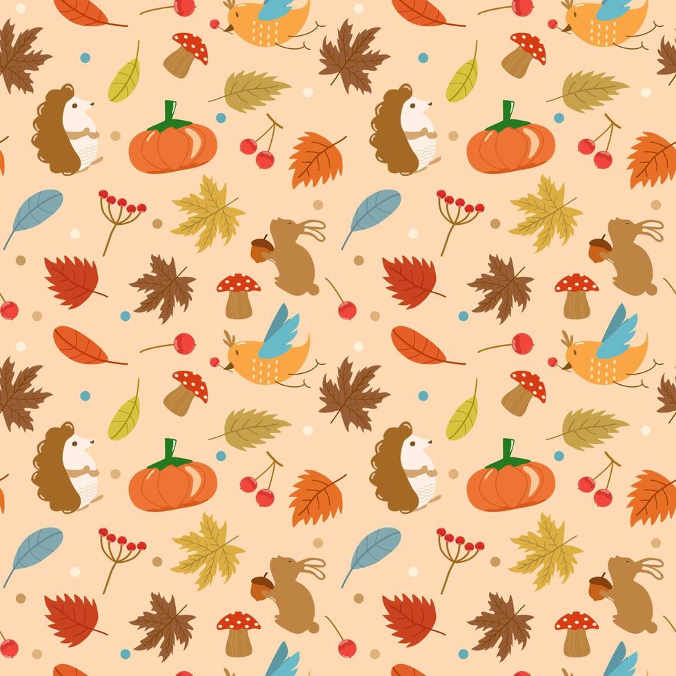 Vector - Abstract seamless pattern of autumn, Fall concept. Pumpkin, maple leaves, bird, mushroom, cherry, bunny, porcupine. Can be use for print, fabric, card, wrapping, backdrop. wallpaper