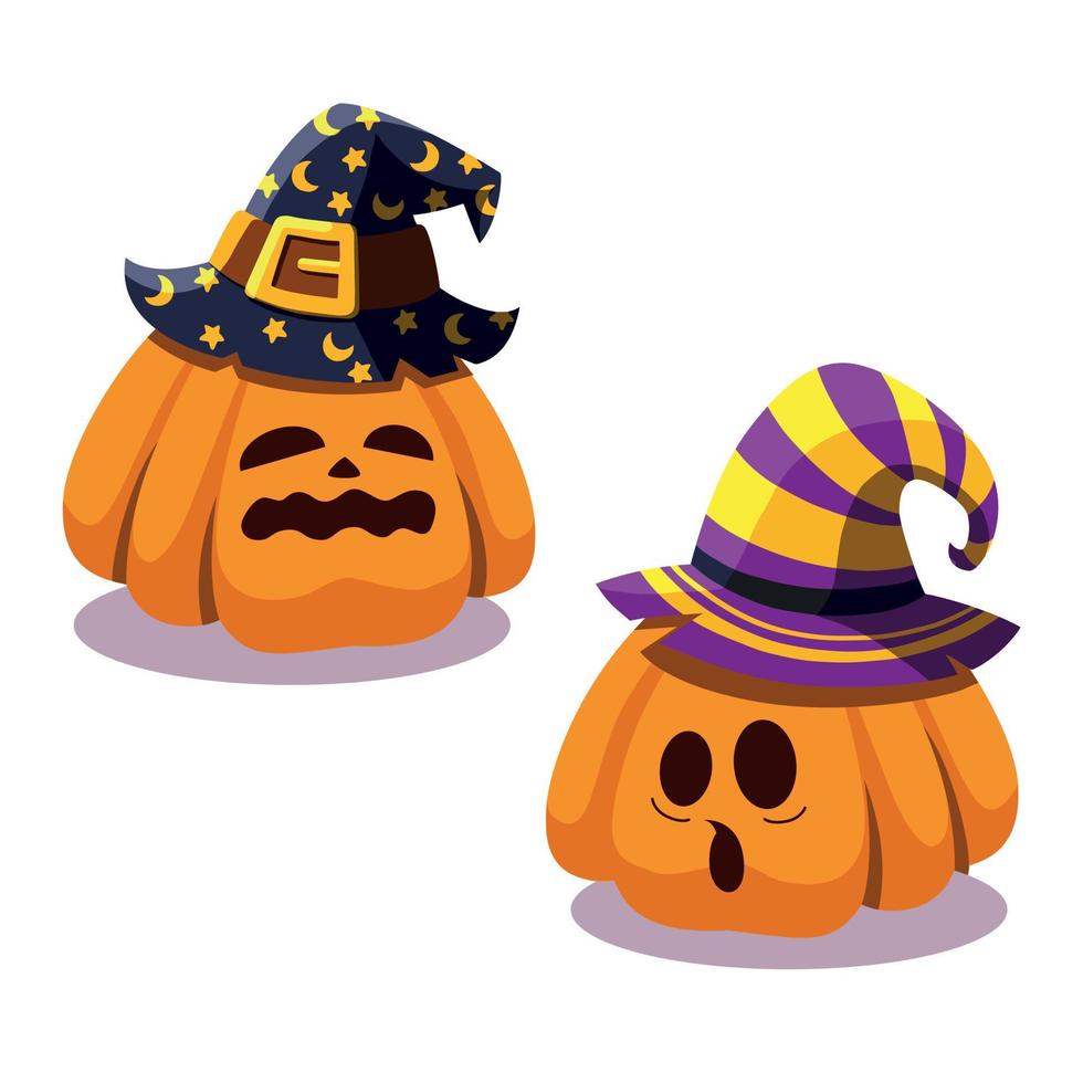 Cartoon halloween pumpkin wearing witch hat isolated. Set pumpkin vector