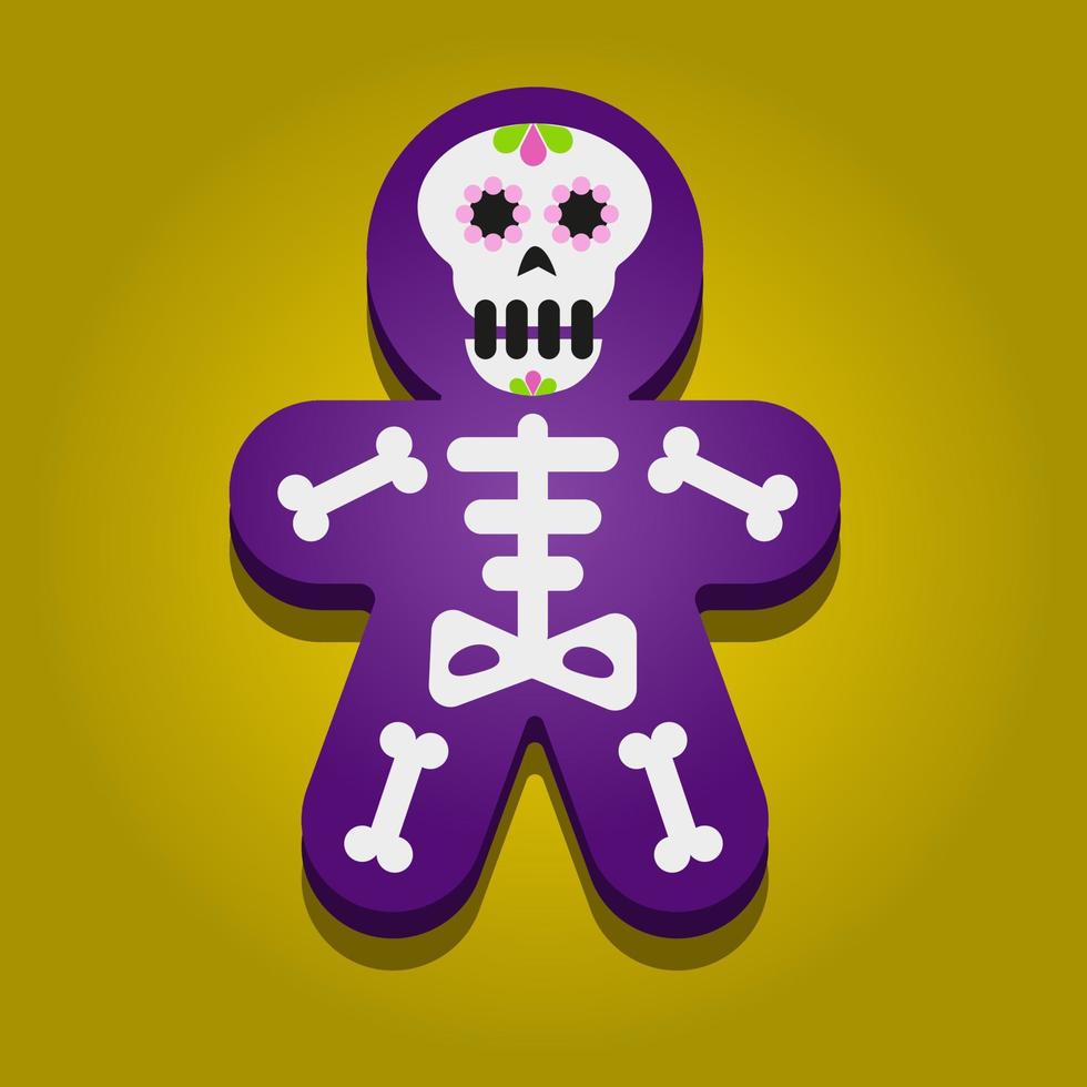 Skull shape gingerbread cookie with icing topping isolated head skeleton. Halloween dessert. Trick or treat vector