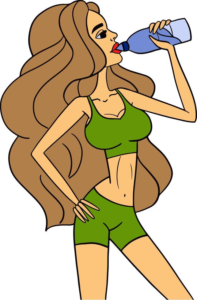 Woman drinking water from bottle after workout in flat design. Thirst and dehydration. Drink more water. vector