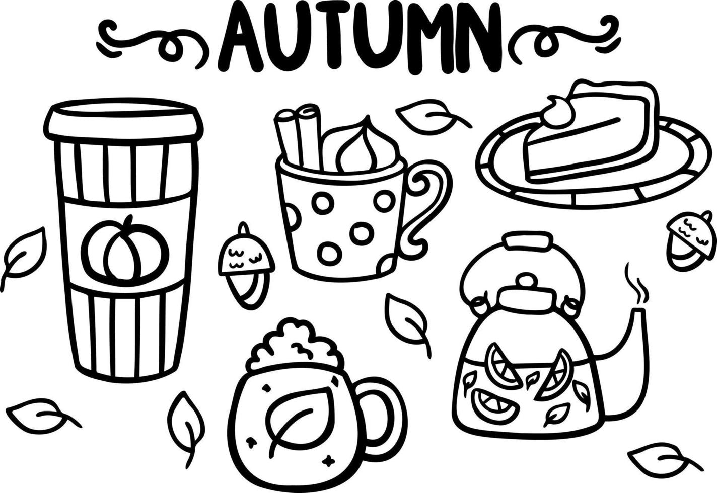 juego de otoño de garabatos, tazas de té dibujadas a mano. boceto, diseño minimalista a mano alzada, dibujo infantil.aislado. vector